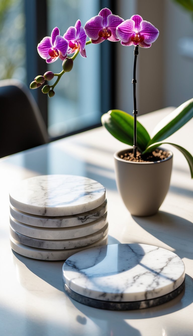 Stacked marble coasters next to a small orchid plant on a dining table.